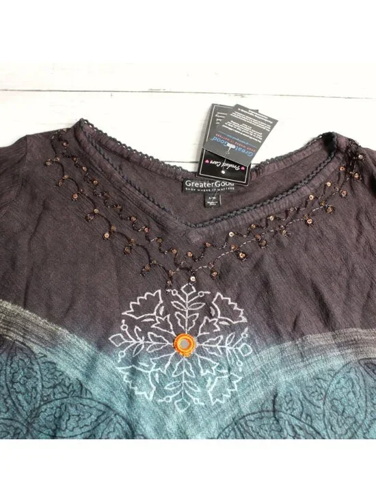 Greater Good Women's Bohemian Tunic Top Size S M Beaded Tie Dye 3/4 Sleeve - Picture 4 of 5